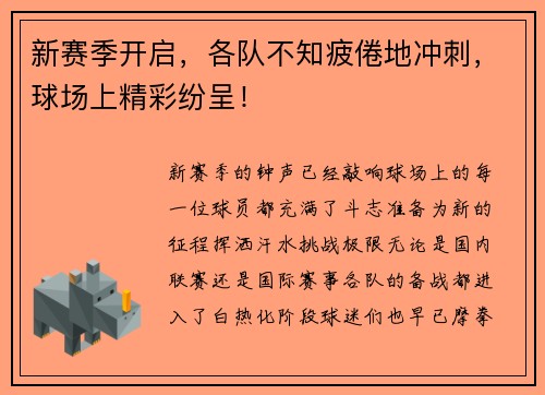新赛季开启，各队不知疲倦地冲刺，球场上精彩纷呈！