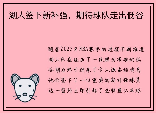 湖人签下新补强，期待球队走出低谷