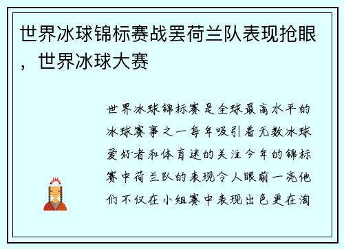 世界冰球锦标赛战罢荷兰队表现抢眼，世界冰球大赛