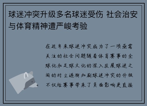 球迷冲突升级多名球迷受伤 社会治安与体育精神遭严峻考验