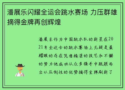潘展乐闪耀全运会跳水赛场 力压群雄摘得金牌再创辉煌