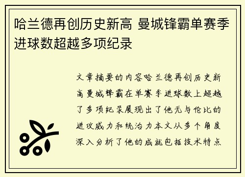 哈兰德再创历史新高 曼城锋霸单赛季进球数超越多项纪录